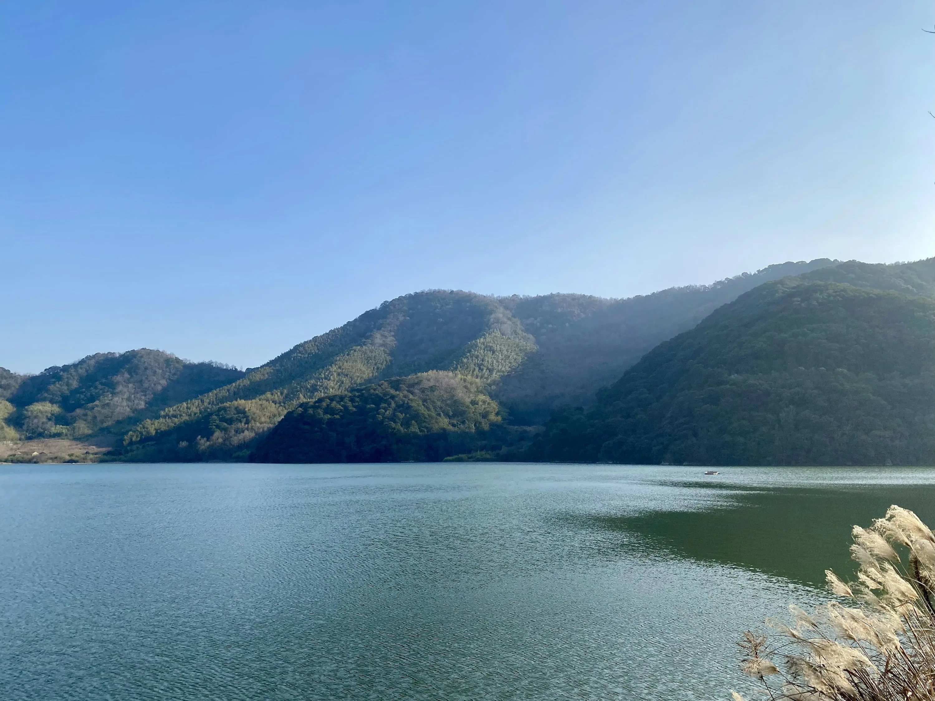 宁波东吴镇海丝公园的山地与水面，山脊和近岸植被清晰可见